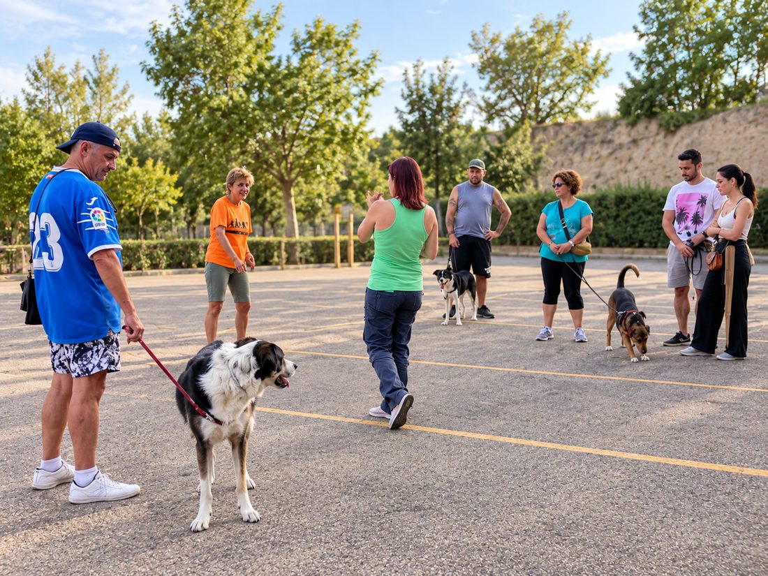 Clase de grupo con varios alumnos y sus perros en un parque